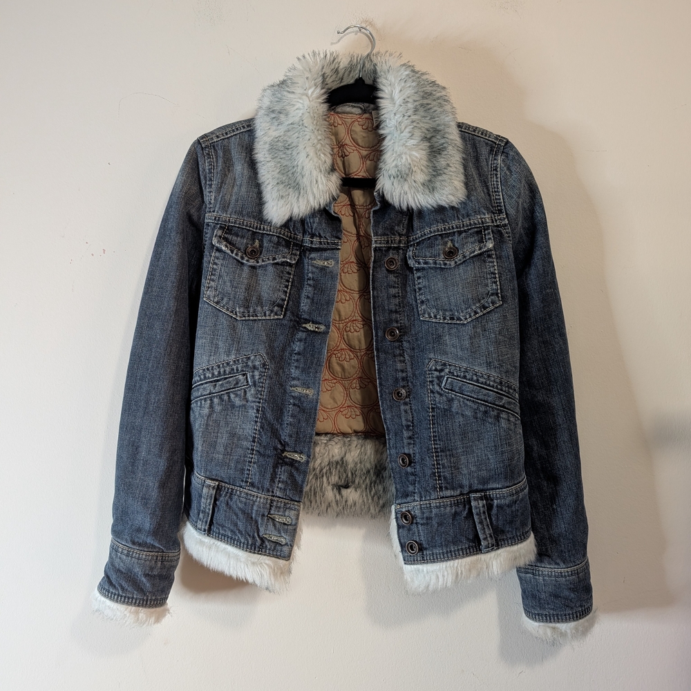 Mavi Blue Denim Jacket with White Faux Fur Trim